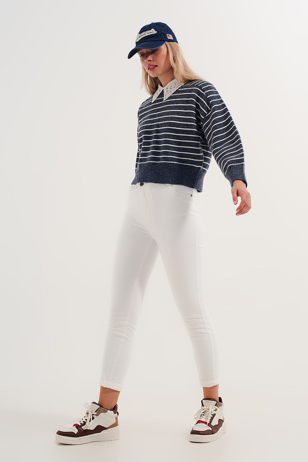 Striped knitted sweater with wrangler sleeves blue and white - Jumpers