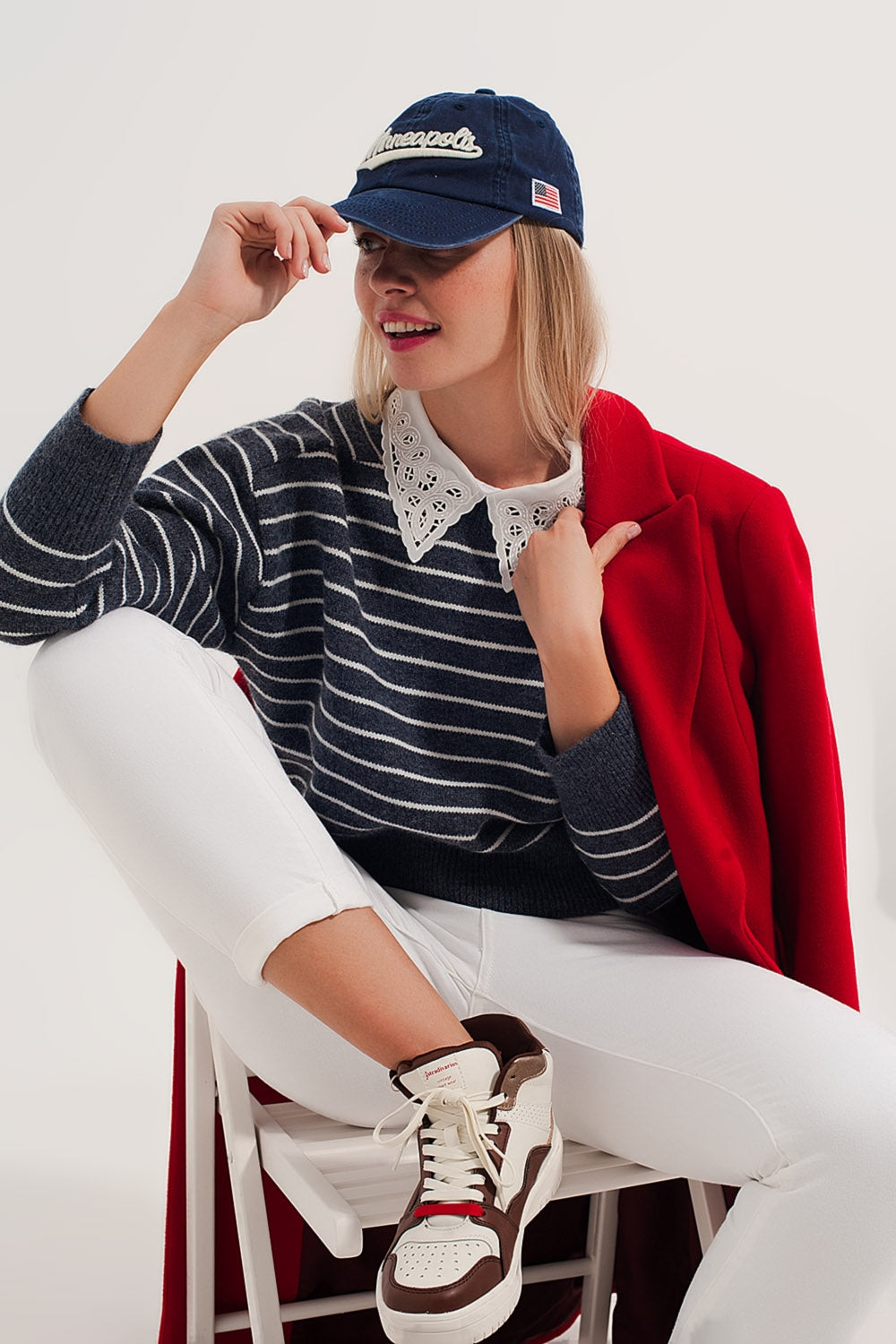 Striped knitted sweater with wrangler sleeves blue and white - Jumpers