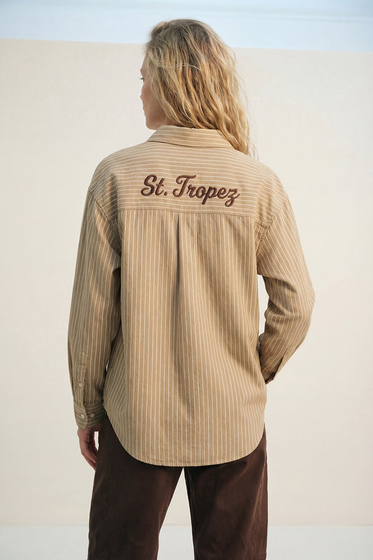Striped oxford beige shirt with front and back embroidered St Tropez for a stylish casual look