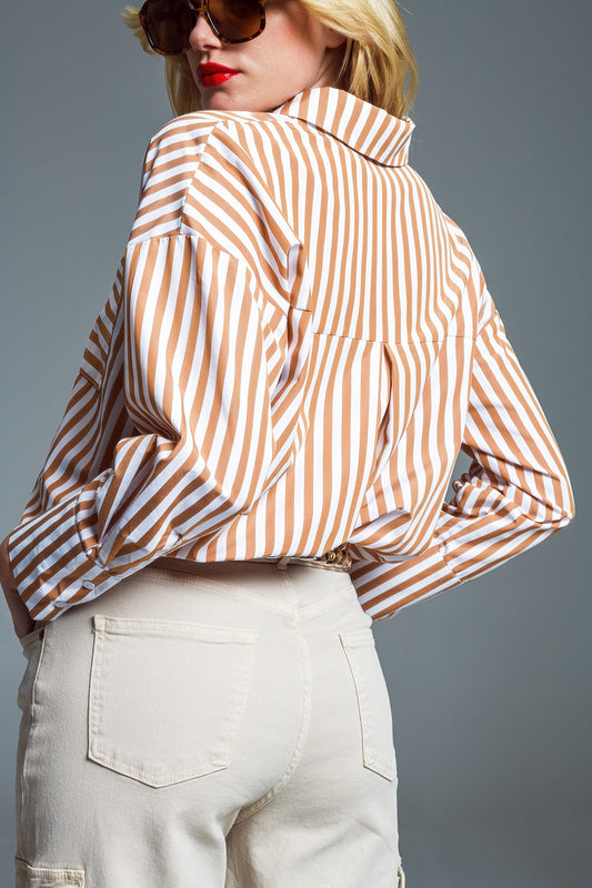 Striped Relaxed shirt With Contrasting Pocket in beige - Shirts