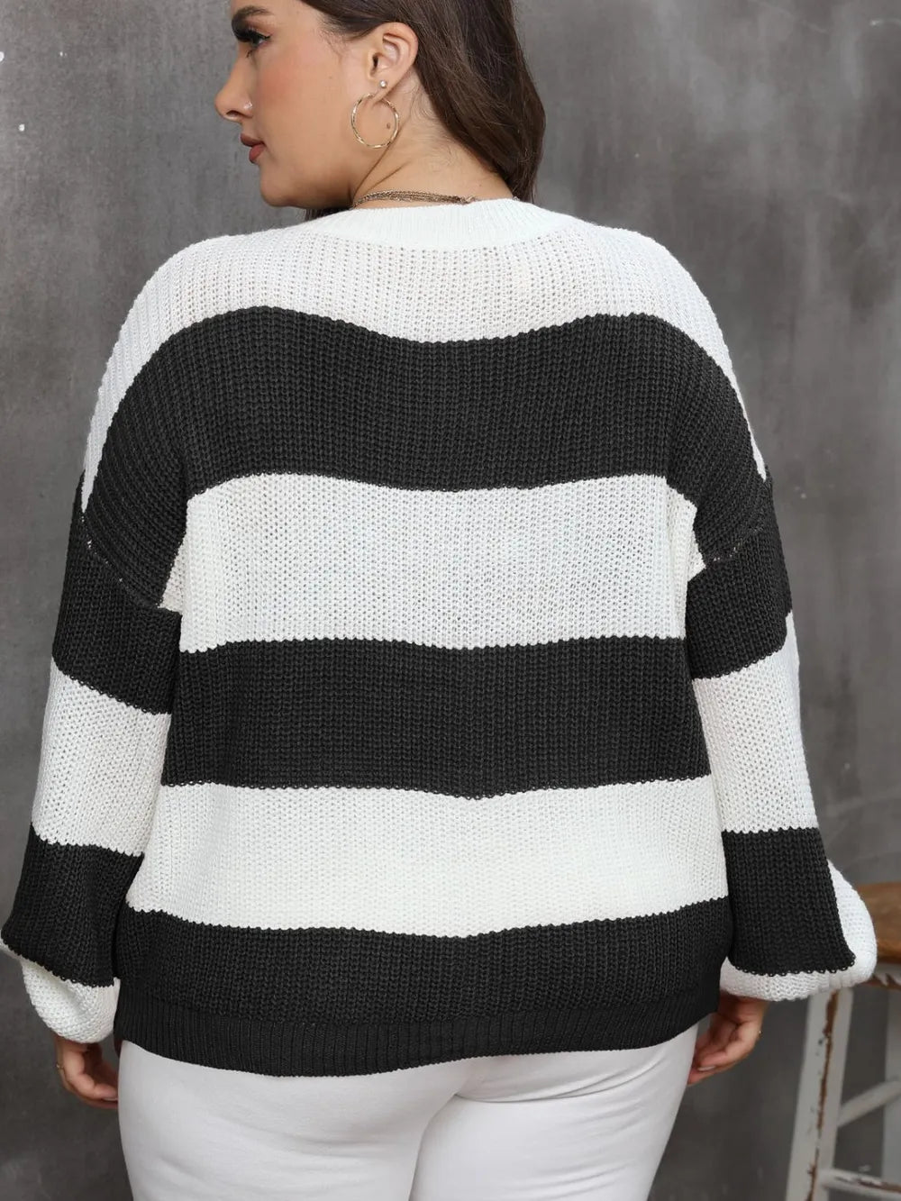 Plus Size Striped Round Neck Long Sleeve Sweater - Sweaters