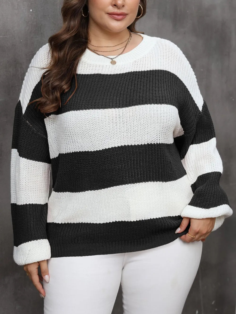 Plus Size Striped Round Neck Long Sleeve Sweater Black - Sweaters