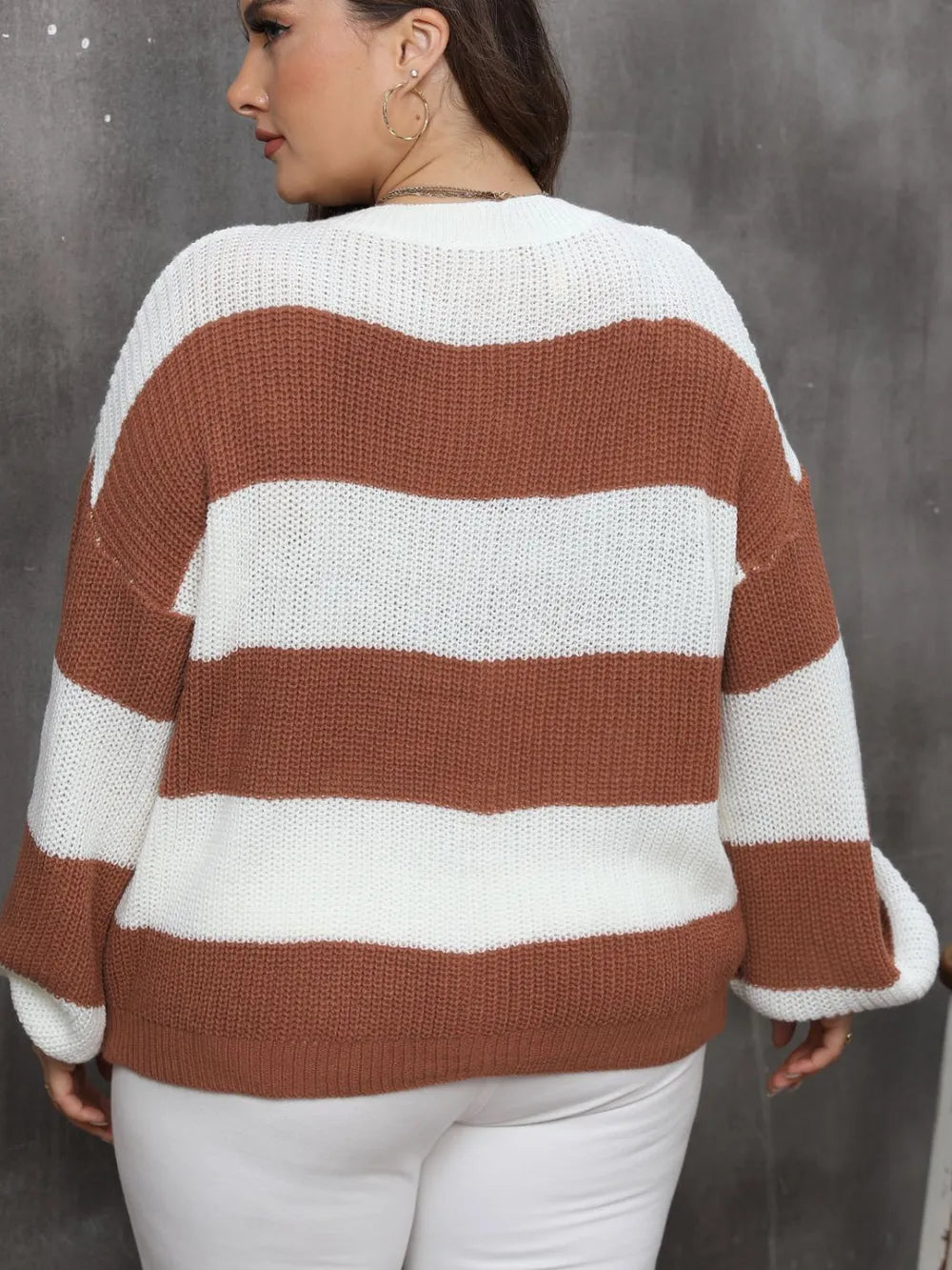 Plus Size Striped Round Neck Long Sleeve Sweater - Sweaters
