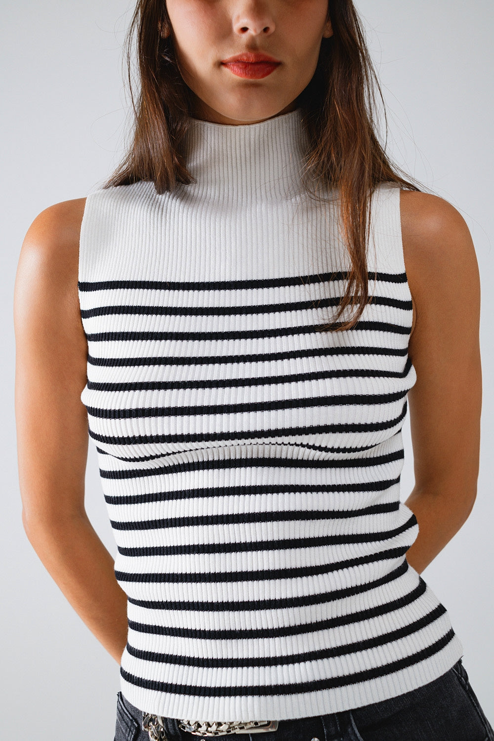 Striped Turtle Neck Tank Top In White - Jumpers