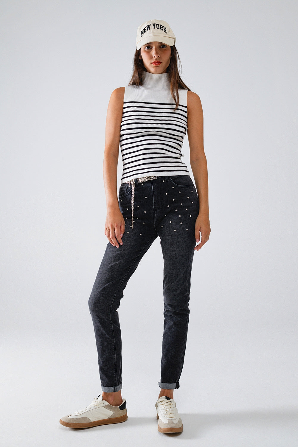Striped Turtle Neck Tank Top In White - Jumpers