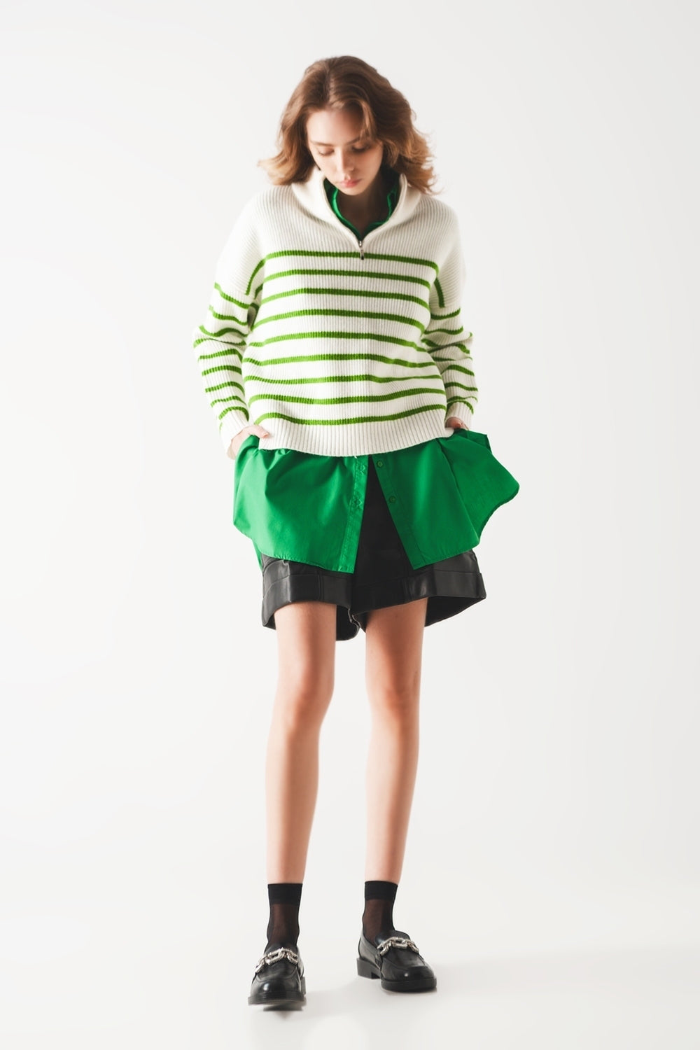 Striped zip up collar detail sweater in green - Jumpers