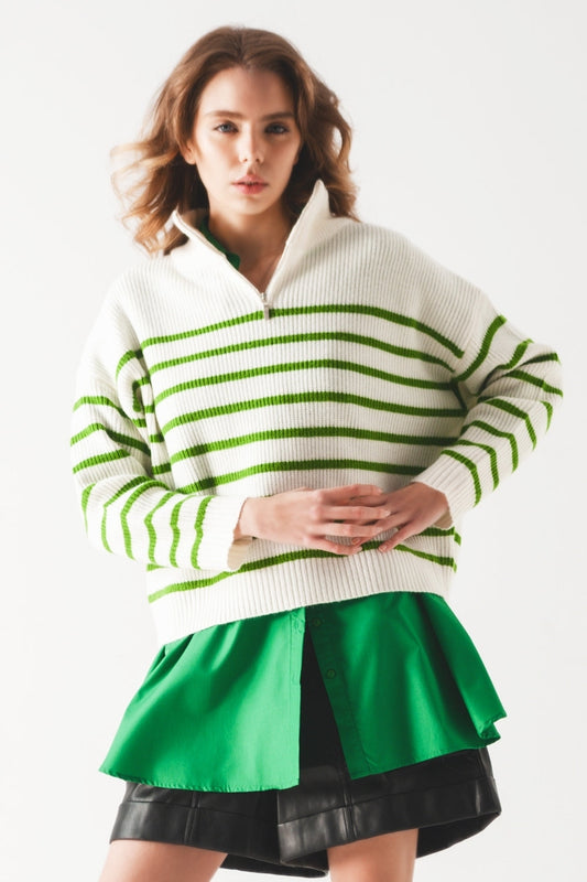 Striped zip up collar detail sweater in green - Jumpers