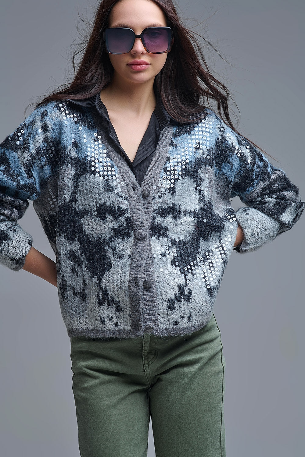Stylish Gray Knit Cardigan with sequin Abstract Print - Coats and Jackets