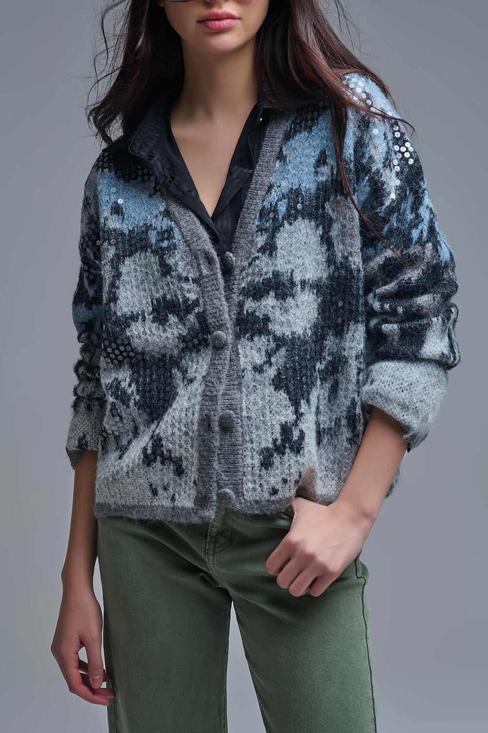 Stylish Gray Knit Cardigan with sequin Abstract Print - Coats and Jackets