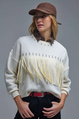 Stylish White Knitted Sweater with Fringe