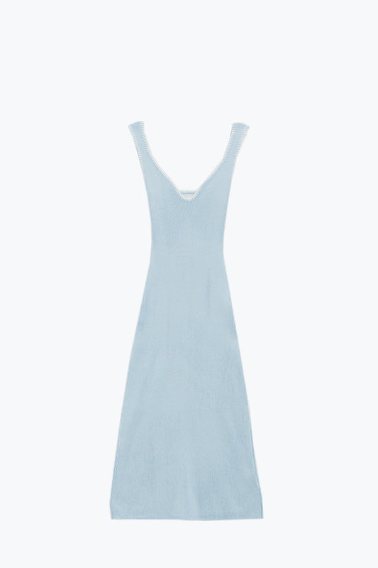 Summer Body Hugging knitted Dress in light blue With White Trim - Dresses