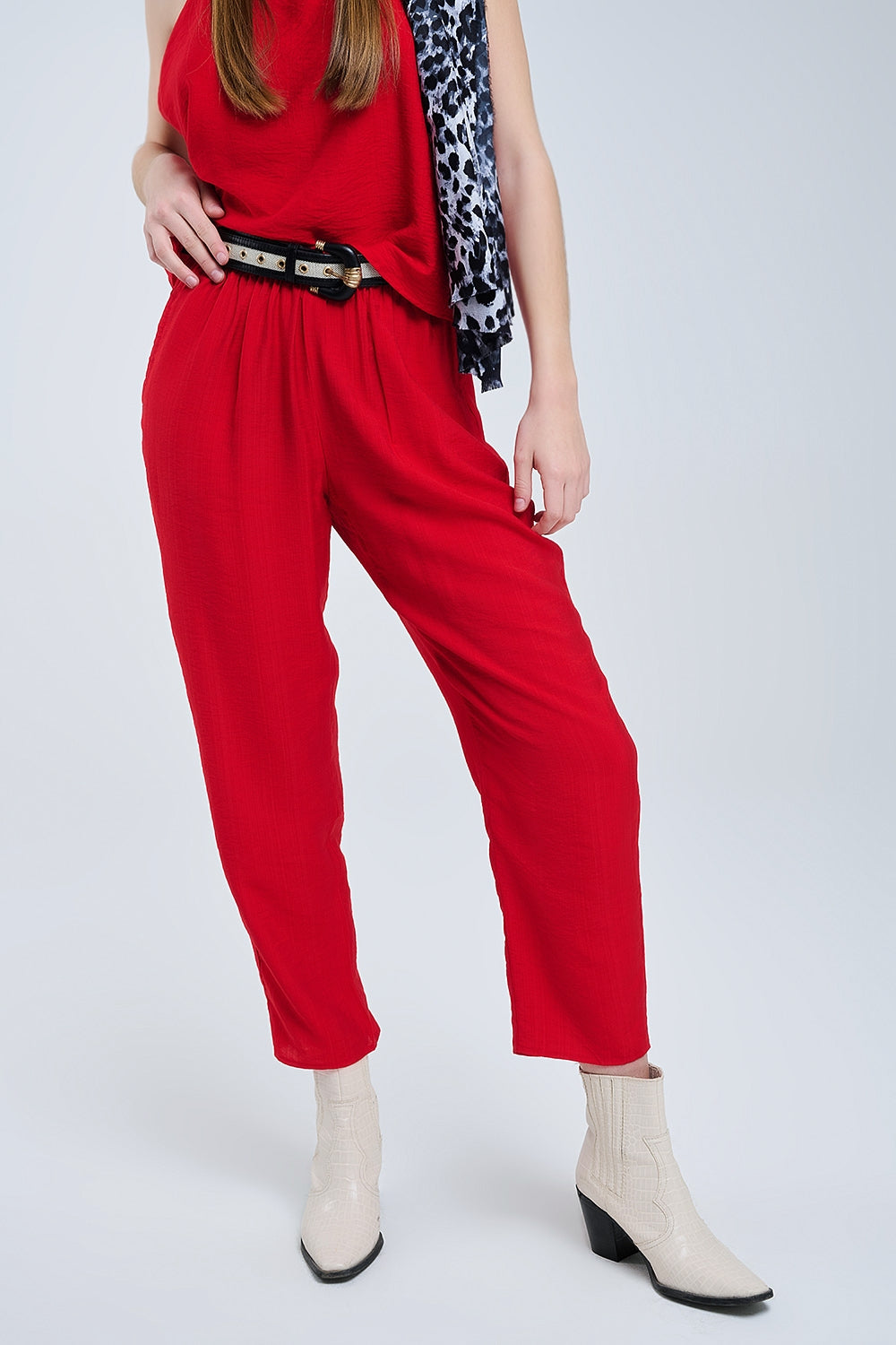 Summery Pants With Elastic Waist and Pockets In Red - Trousers