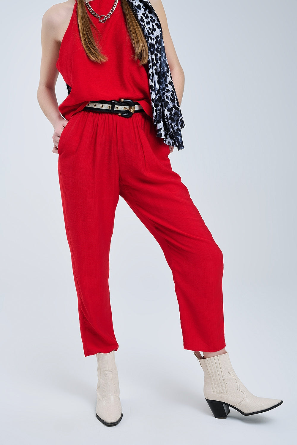 Summery Pants With Elastic Waist and Pockets In Red - Trousers