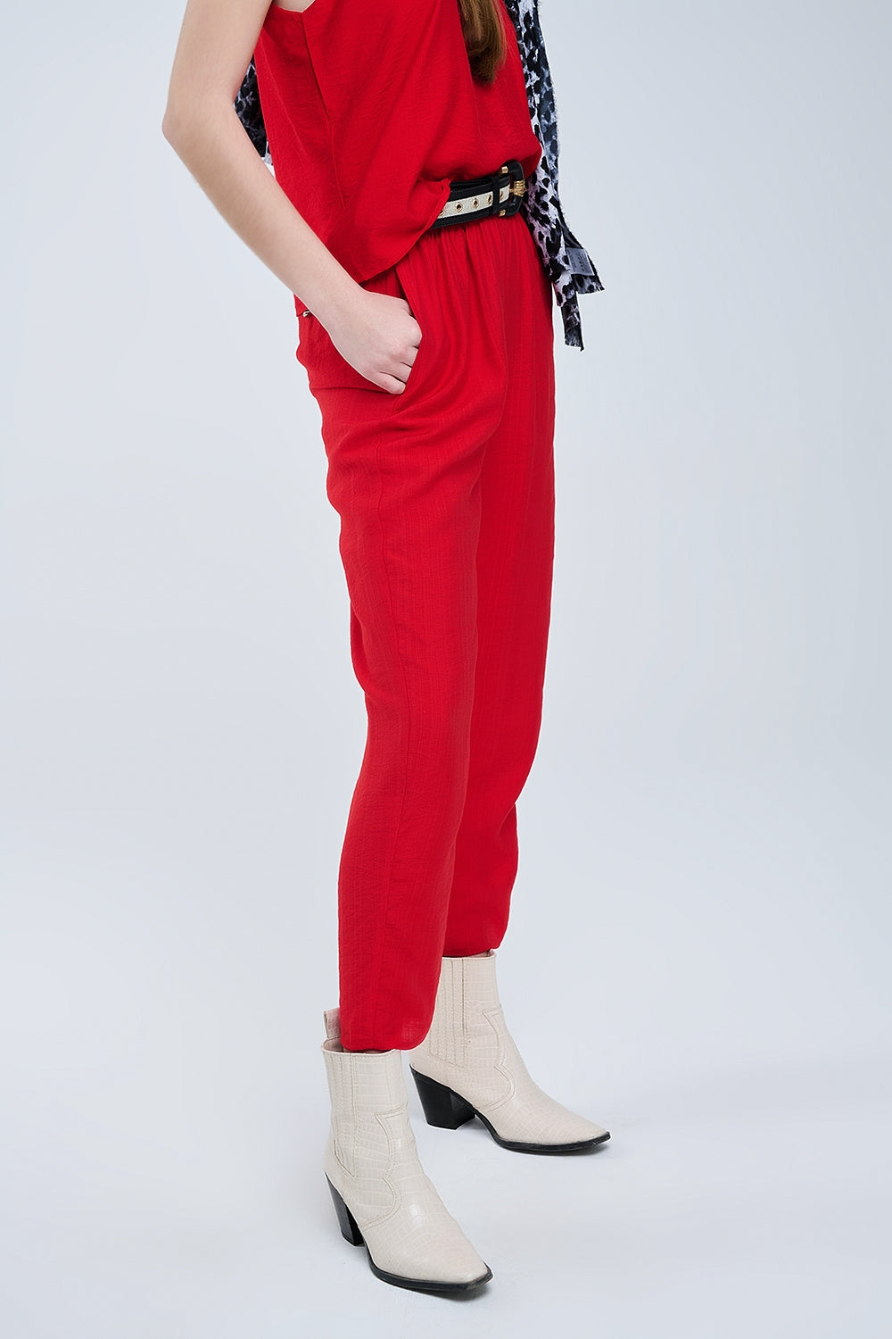 Summery Pants With Elastic Waist and Pockets In Red - Trousers