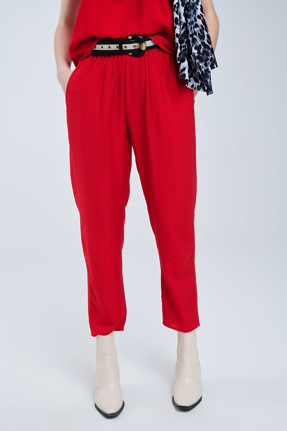 Summery Pants With Elastic Waist and Pockets In Red - Trousers