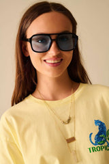 Sunglasses with black frames and blue lenses