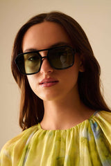 Sunglasses with black frames and green lenses