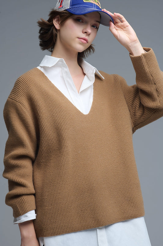 Super oversized Thin V-neck Sweater in Camel - Sweaters