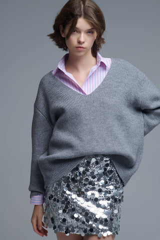 Super oversized Thin V-neck Sweater in Grey