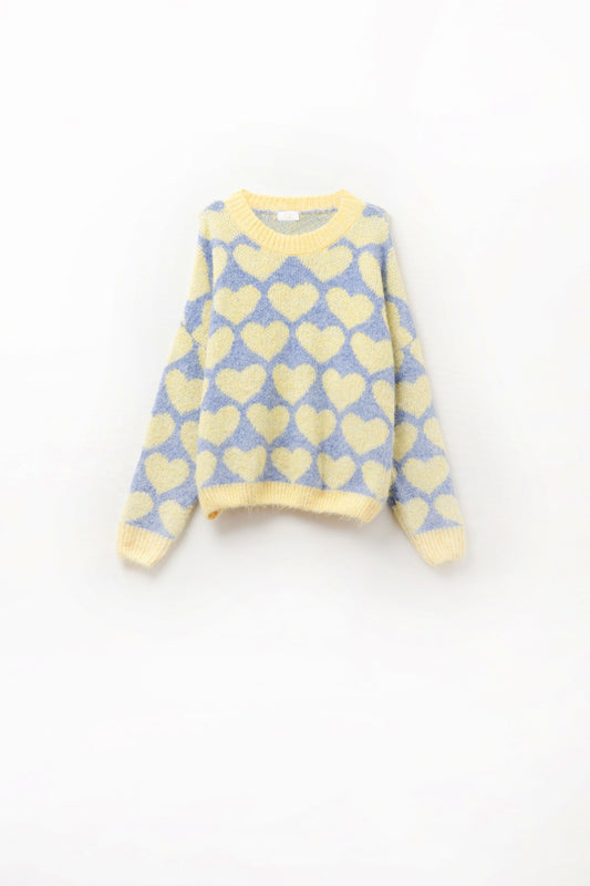 Super Soft Oversized blue Sweater With yellow Hearts - Jumpers