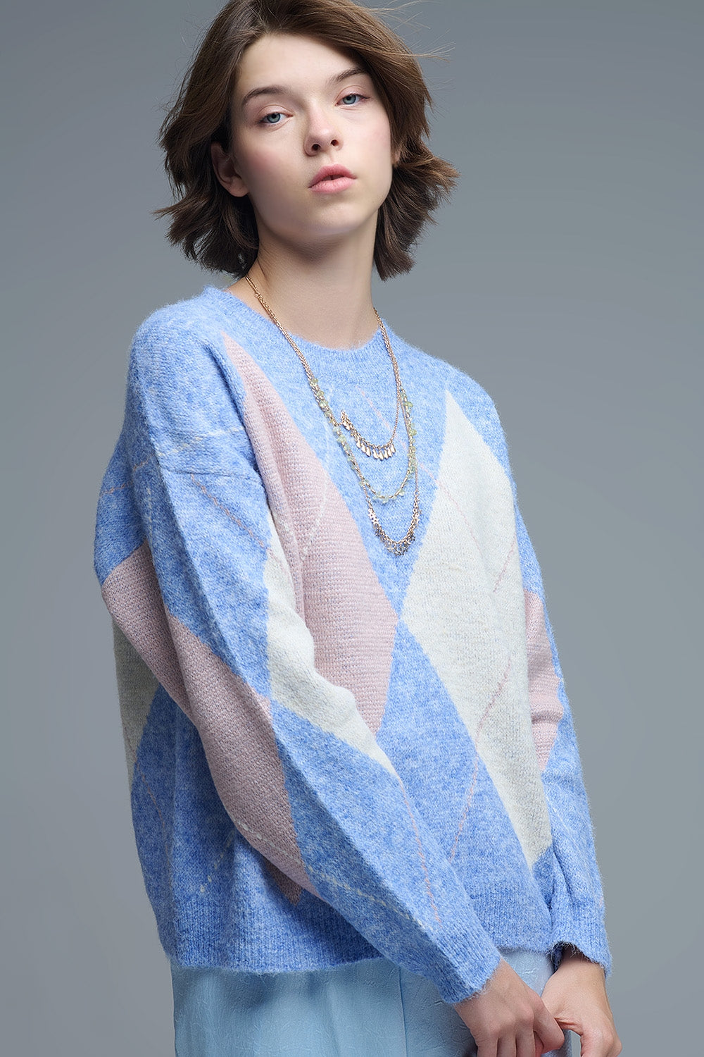 Loose sweater in sky blue with diamond patterns - Sweaters