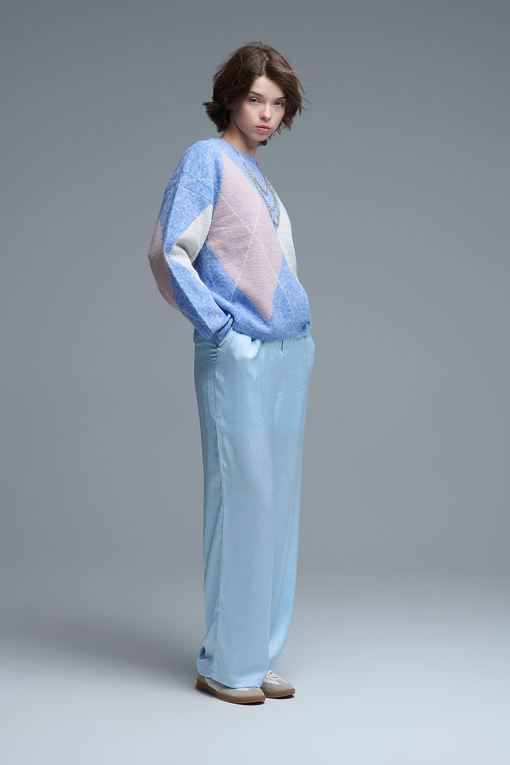 Loose sweater in sky blue with diamond patterns - Sweaters