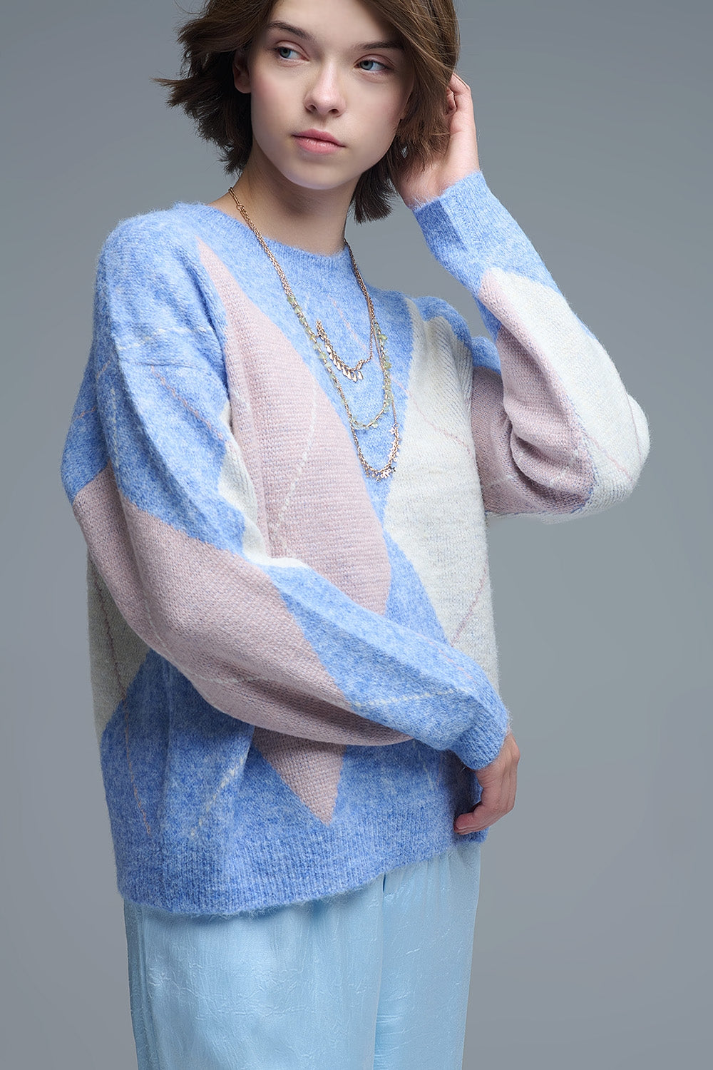 Loose sweater in sky blue with diamond patterns - Sweaters