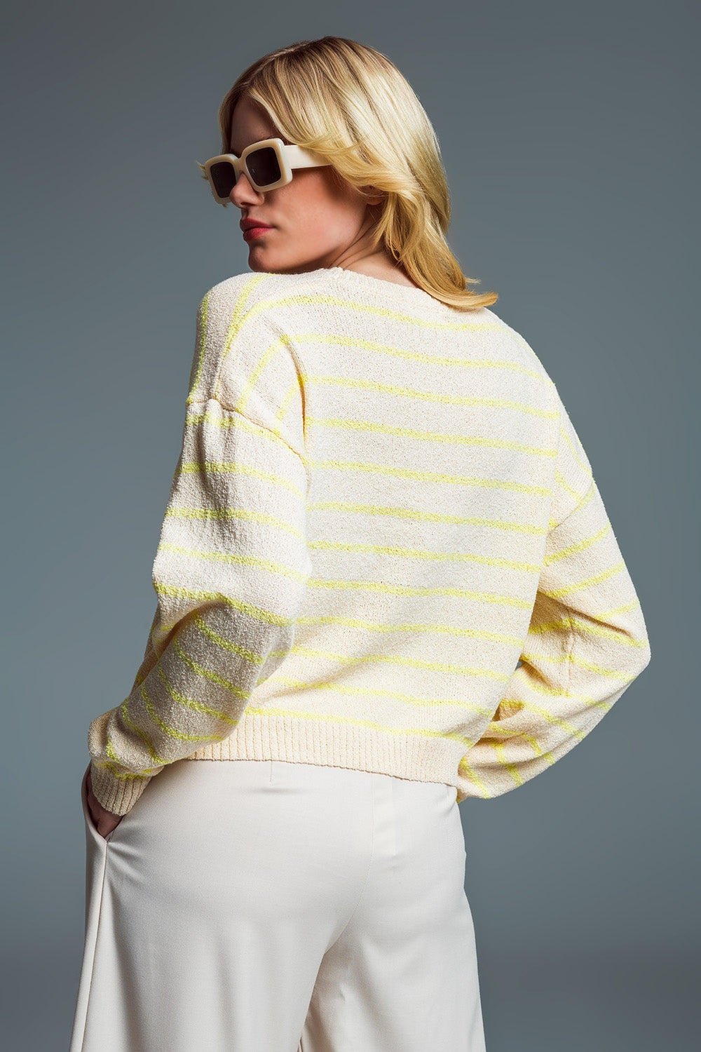 Sweater With Drop Shoulders in Beige with Yellow Stripes - Jumpers