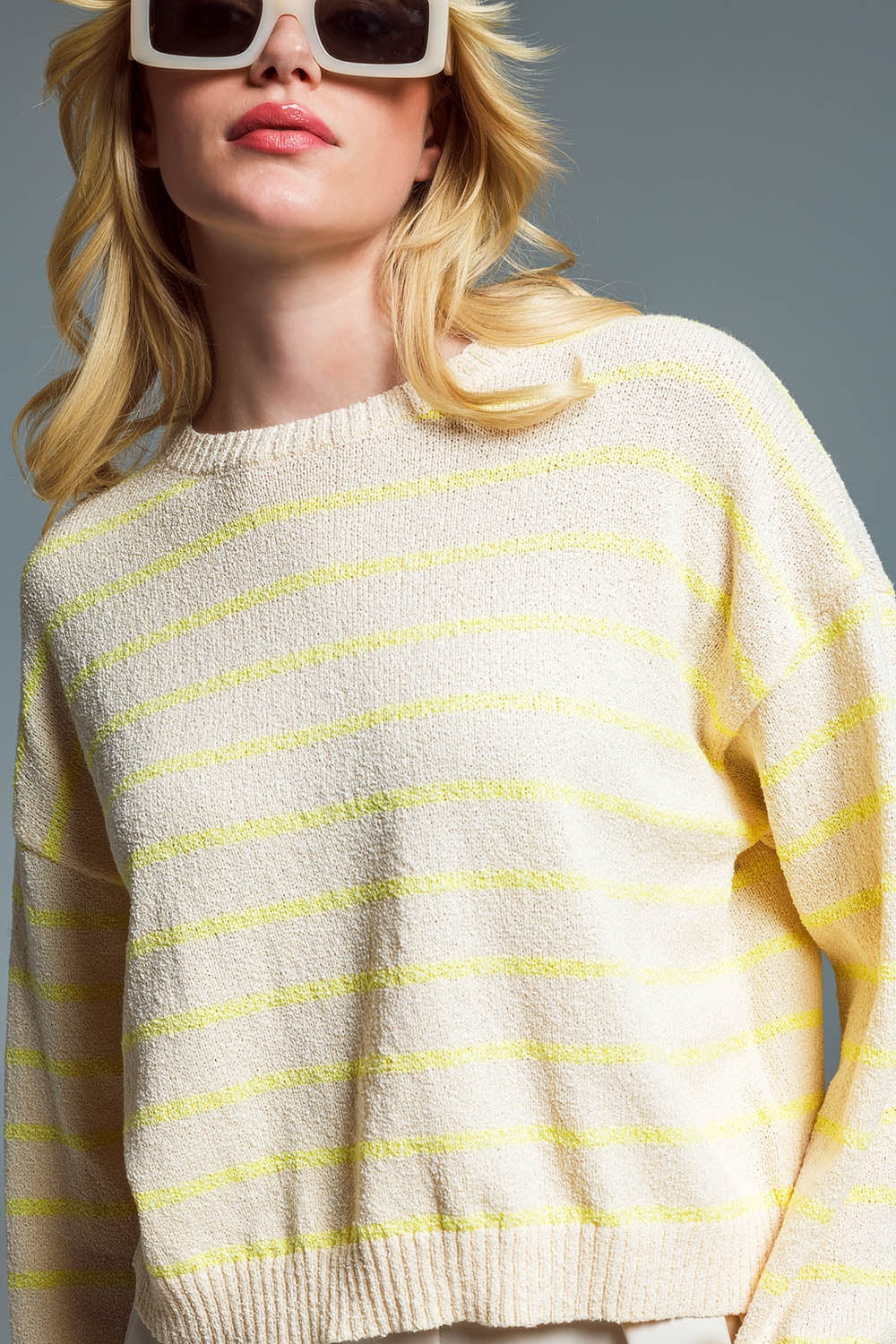 Sweater With Drop Shoulders in Beige with Yellow Stripes - Jumpers