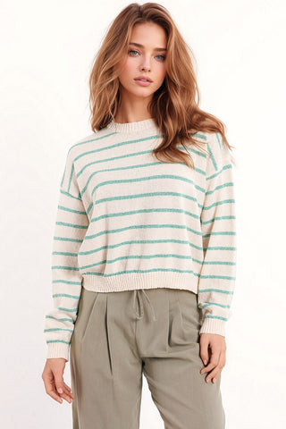 Sweater With Drop Shoulders in White with Green Stripes