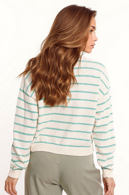 Sweater With Drop Shoulders in White with Green Stripes - Jumpers