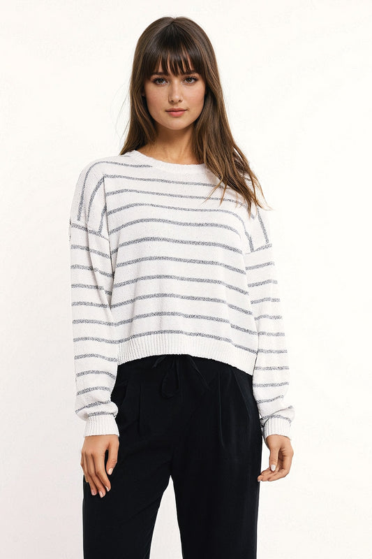 Sweater With Drop Shoulders in White with Grey Stripes - Jumpers