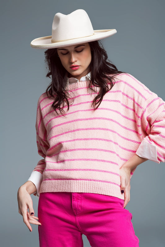 Sweater With Drop Shoulders with Fuchsia Stripes - Jumpers