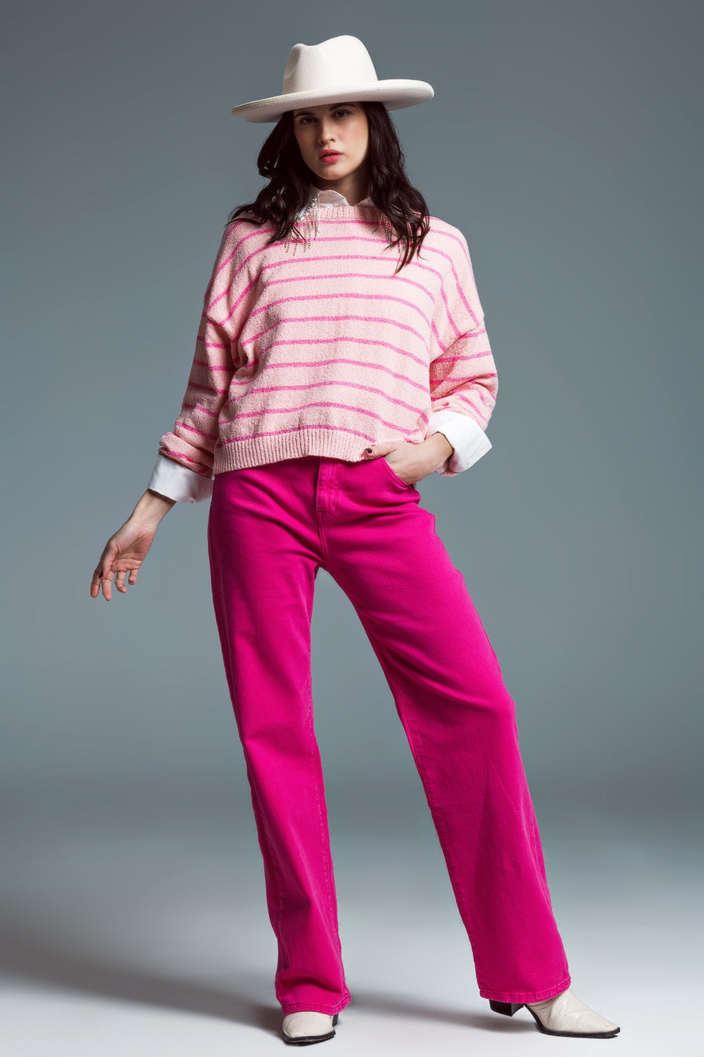 Sweater With Drop Shoulders with Fuchsia Stripes - Jumpers