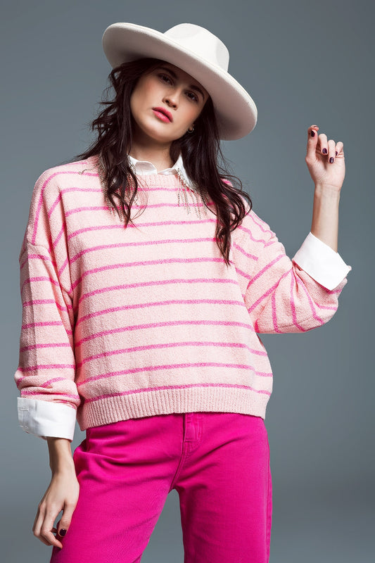 Sweater With Drop Shoulders with Fuchsia Stripes - Jumpers