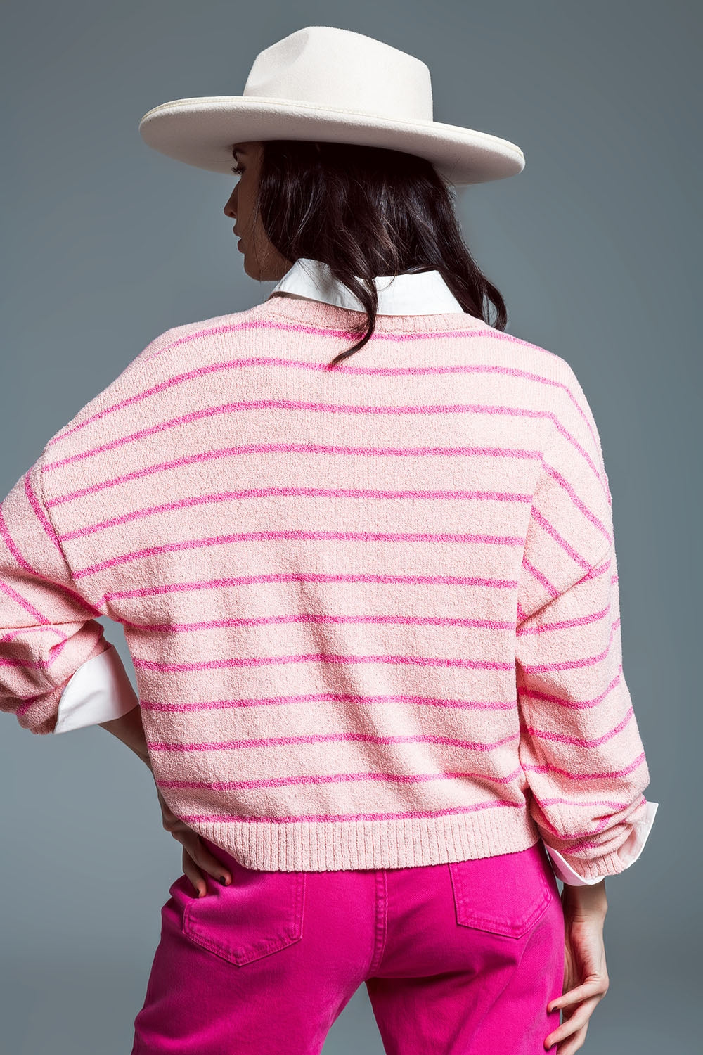 Sweater With Drop Shoulders with Fuchsia Stripes - Jumpers