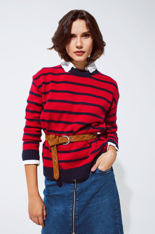 Red sweater with blue stripes and a white crew neck - Jumpers