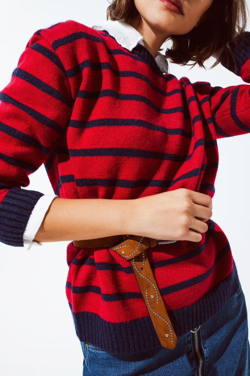 Red sweater with blue stripes and a white crew neck - Jumpers