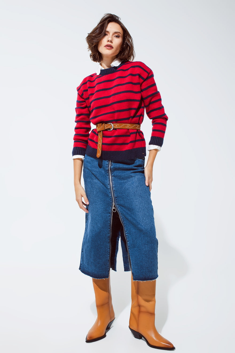 Red sweater with blue stripes and a white crew neck - Jumpers