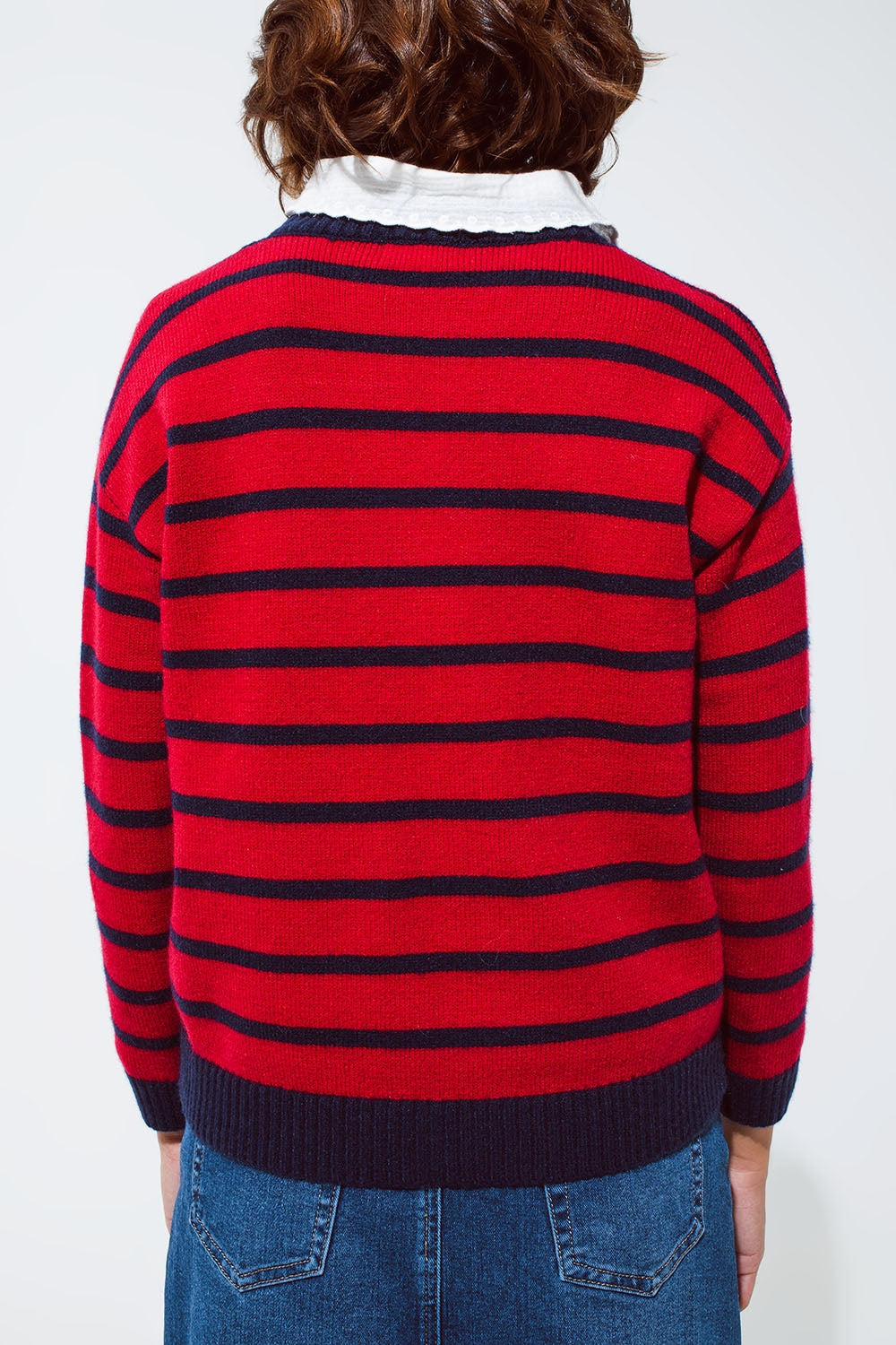 Red sweater with blue stripes and a white crew neck - Jumpers