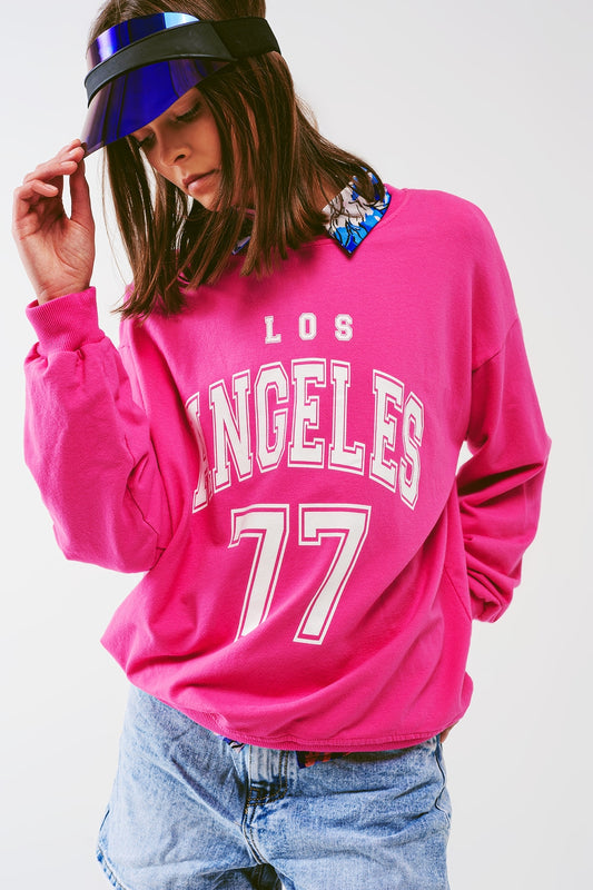 Sweatshirt with Los Angeles 77 Text in Pink - Sweaters