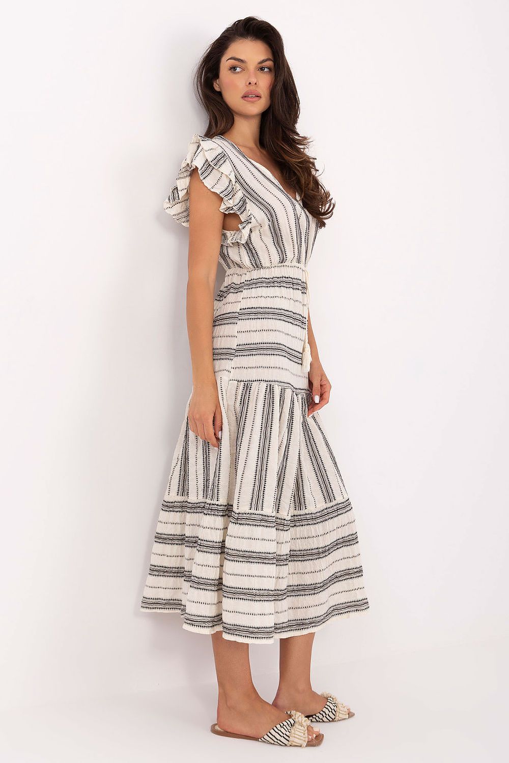 Och Bella sweetheart neckline daydress with ruffled sleeves and striped pattern for a stylish look