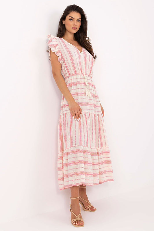 Och Bella Sweetheart neckline daydress in pink stripe with ruffle sleeves and a flattering silhouette