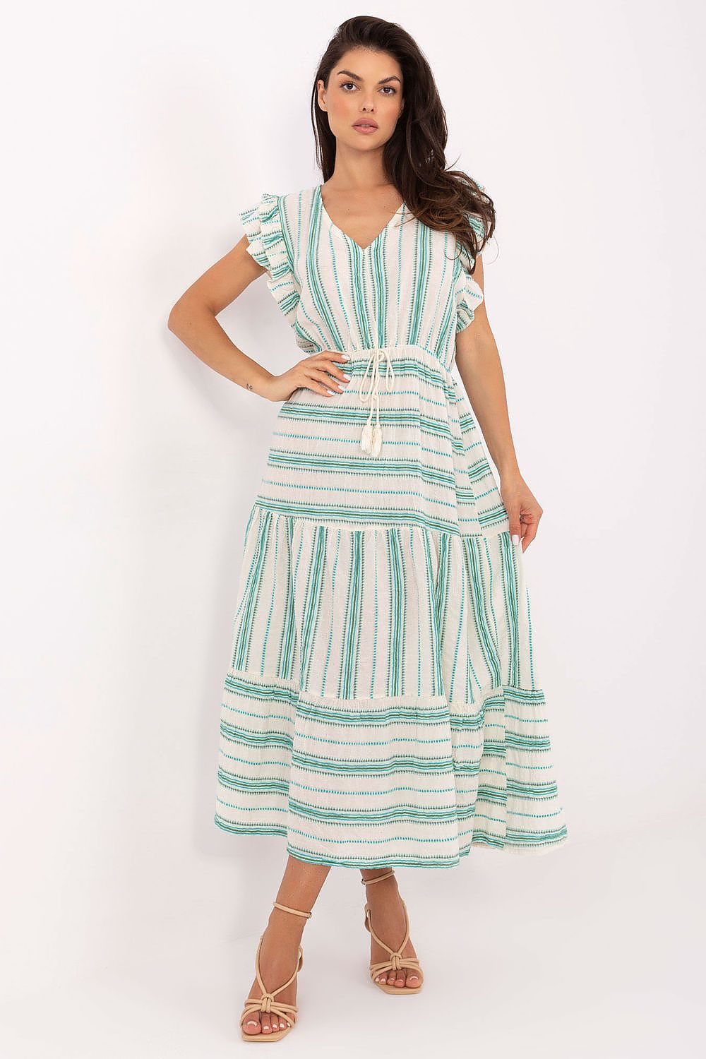 Och Bella striped sweetheart neckline daydress with ruffled sleeves and a tie waist