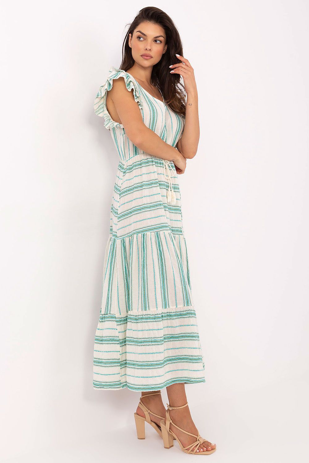 Och Bella striped sweetheart neckline daydress with ruffled sleeves and a tiered skirt