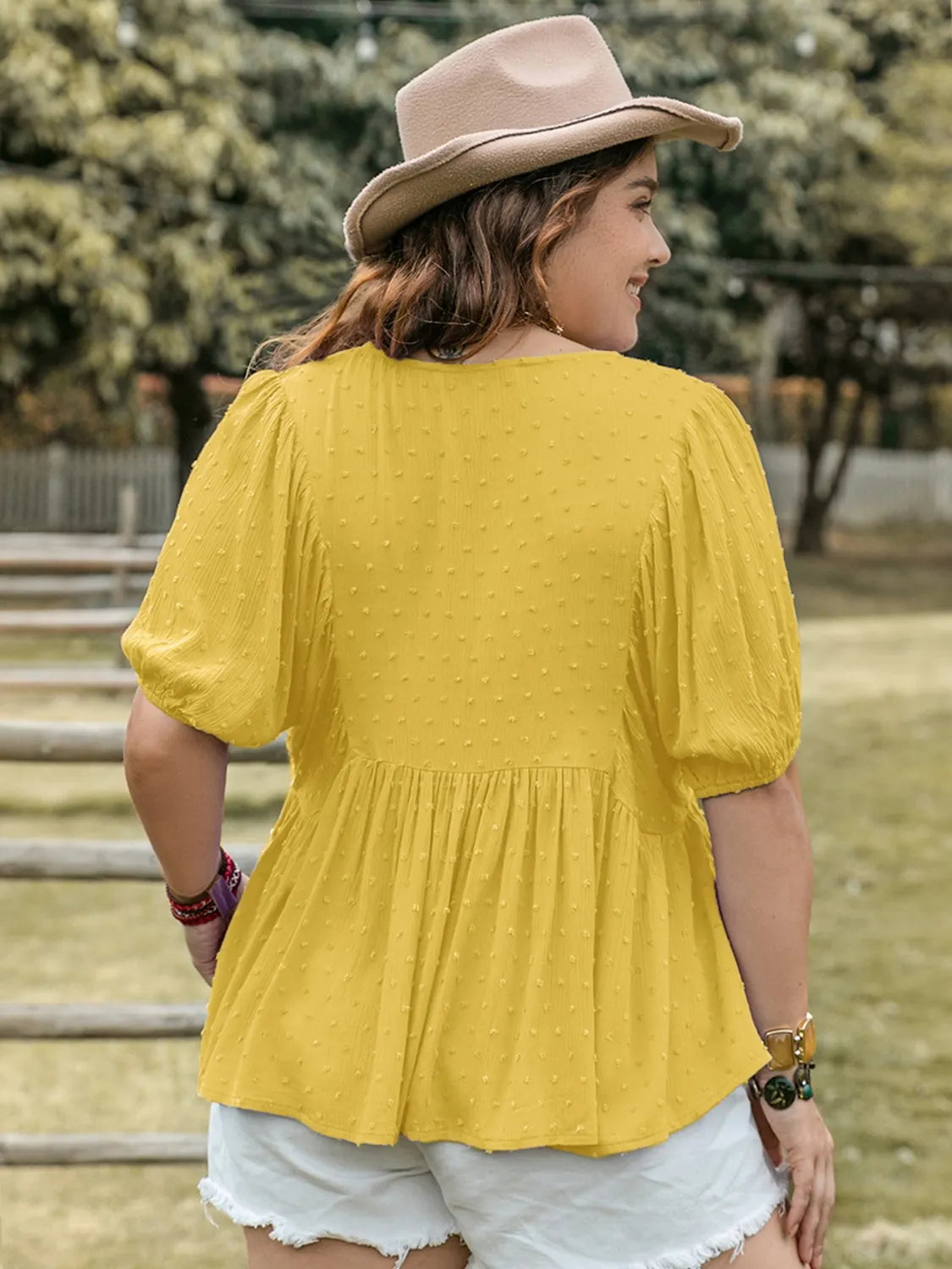 Swiss Dot Tie Neck Short Sleeve Blouse -