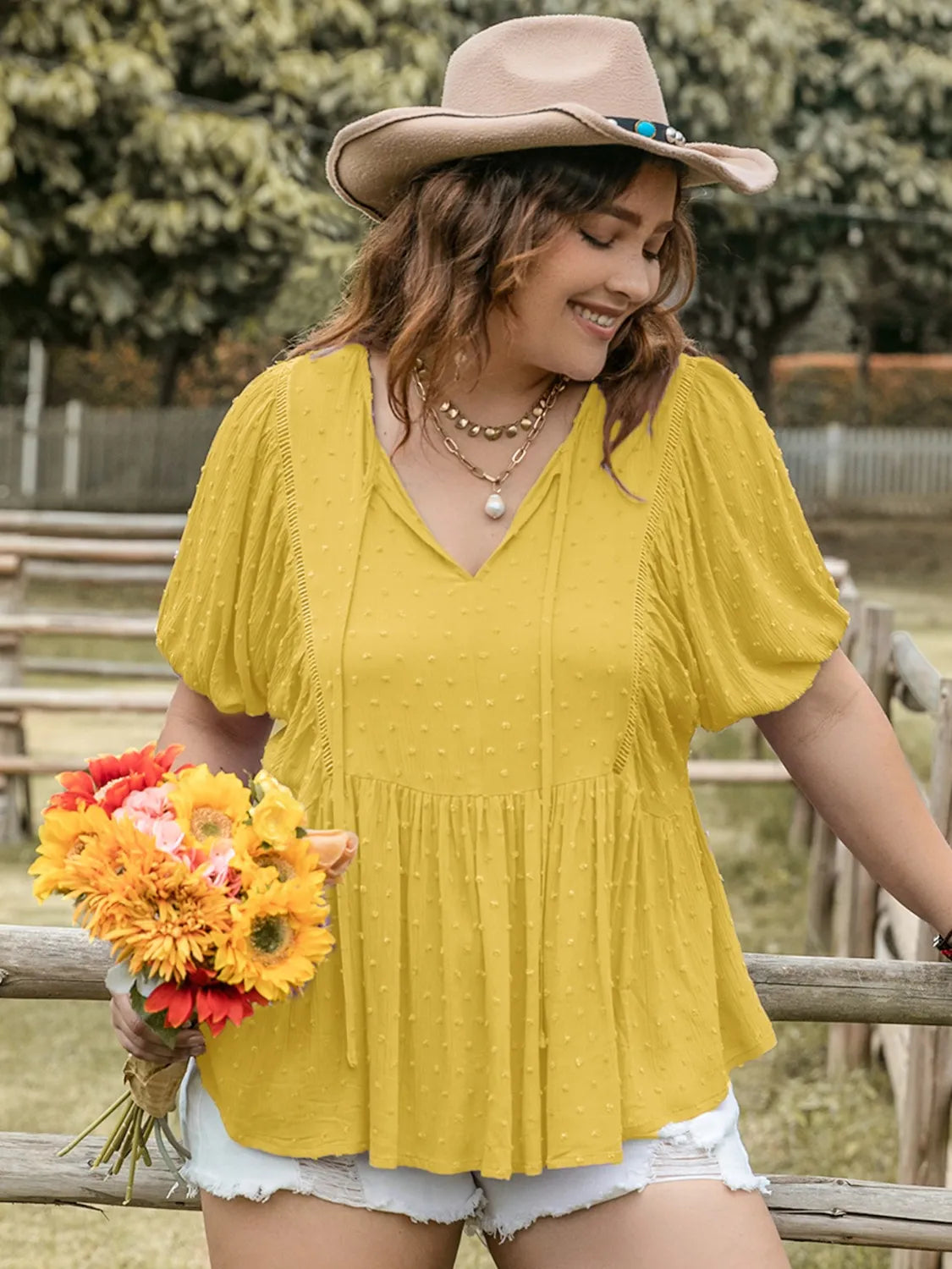 Swiss Dot Tie Neck Short Sleeve Blouse -