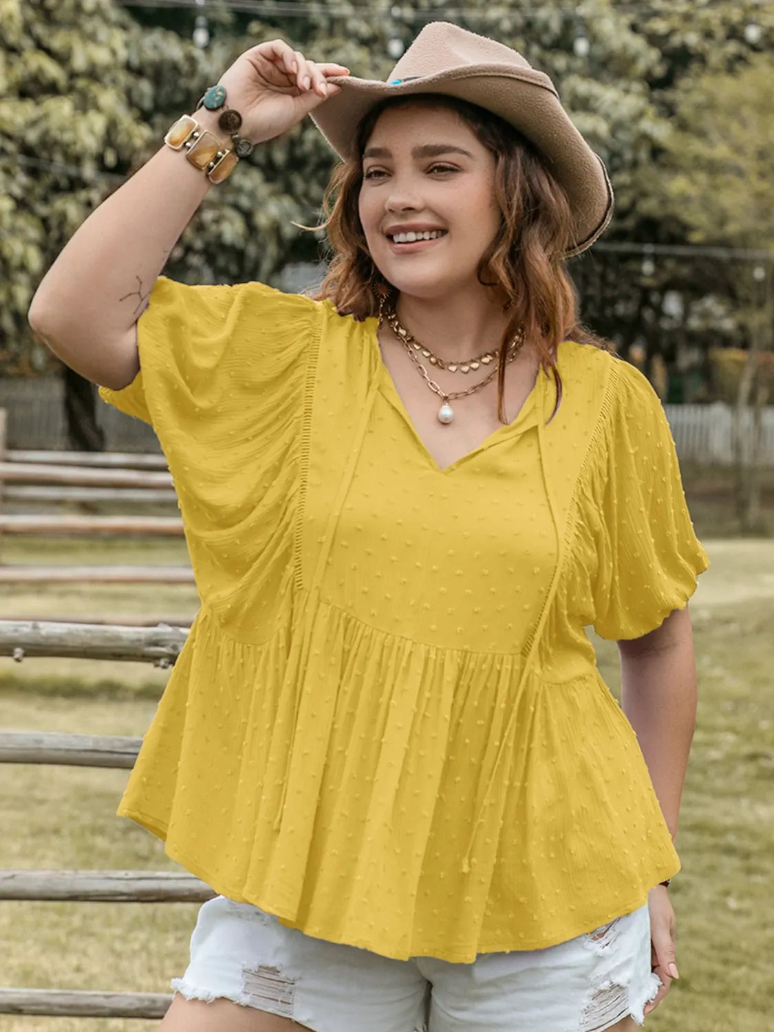 Swiss Dot Tie Neck Short Sleeve Blouse Yellow -