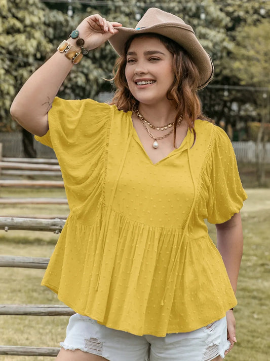 Swiss Dot Tie Neck Short Sleeve Blouse Yellow -