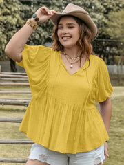 Swiss Dot Tie Neck Short Sleeve Blouse